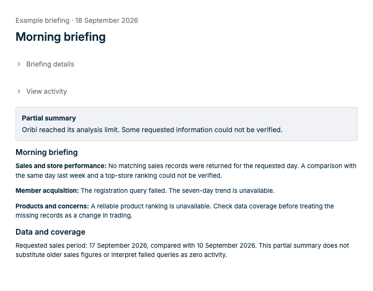 Example partial briefing summary Illustrative partial briefing with collapsed details and activity, a visible warning, and data coverage notes