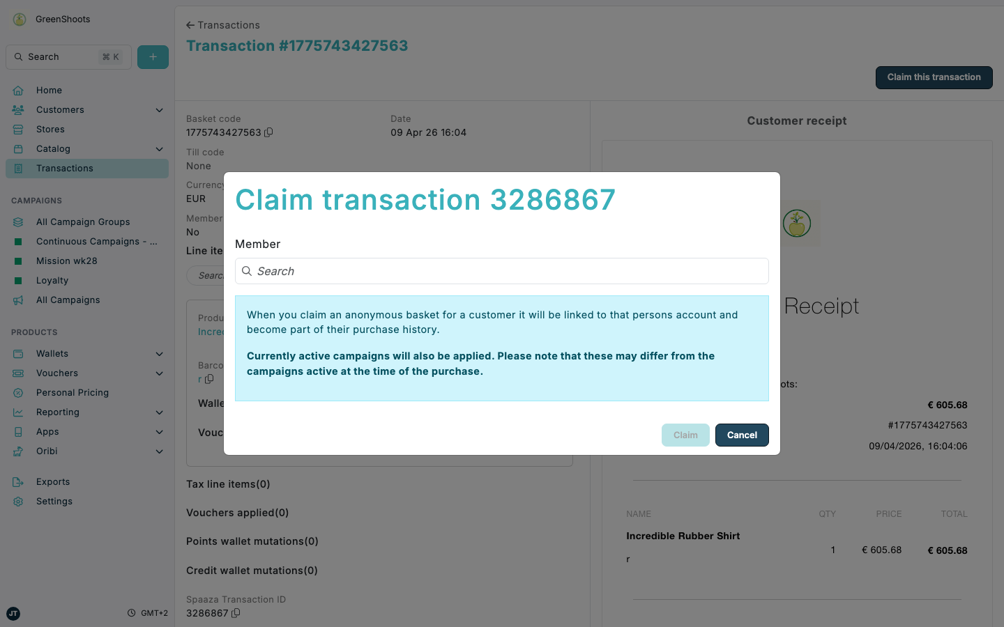 Claim transaction modal in Spaaza Console Claim transaction modal in Spaaza Console