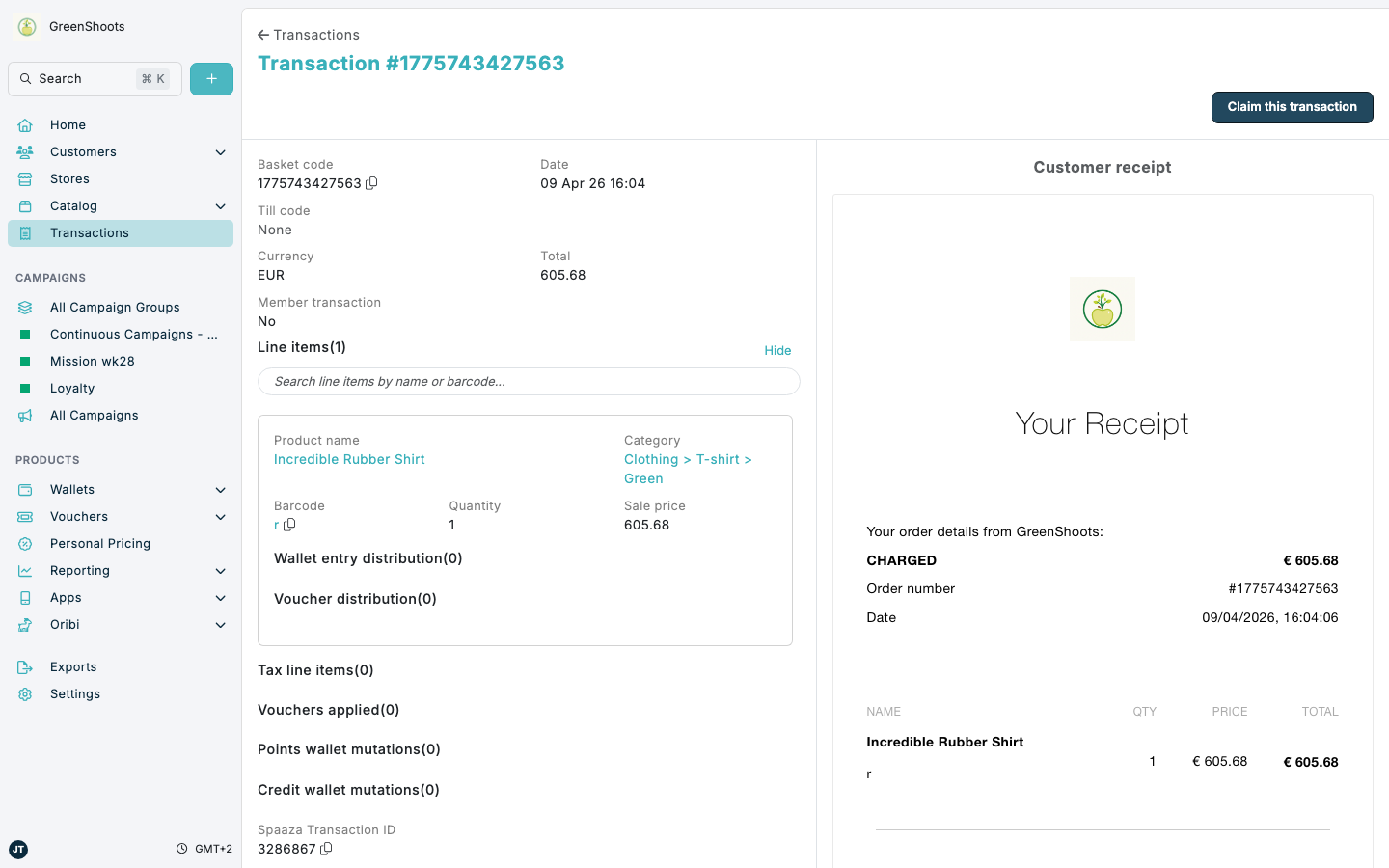 Anonymous transaction overview in Spaaza Console Anonymous transaction overview in Spaaza Console