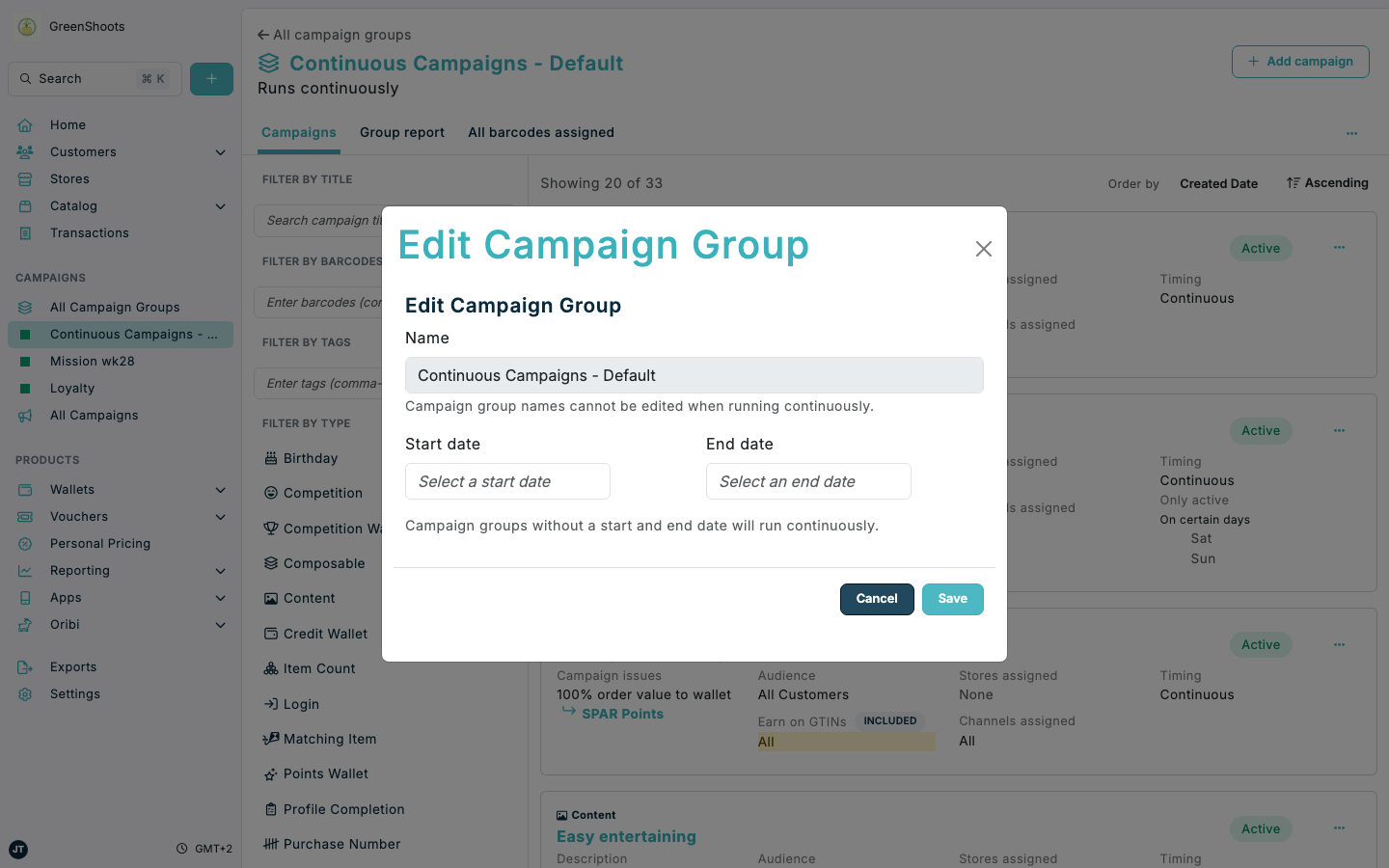 Editing a campaign group in Spaaza Console Editing a campaign group in Spaaza Console