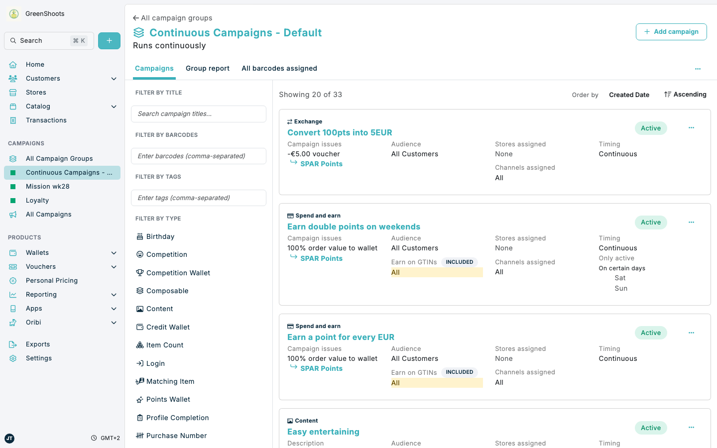 Campaign group navigation in Spaaza Console Campaign group navigation in Spaaza Console