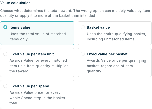 Value calculation choices for a composable campaign reward method