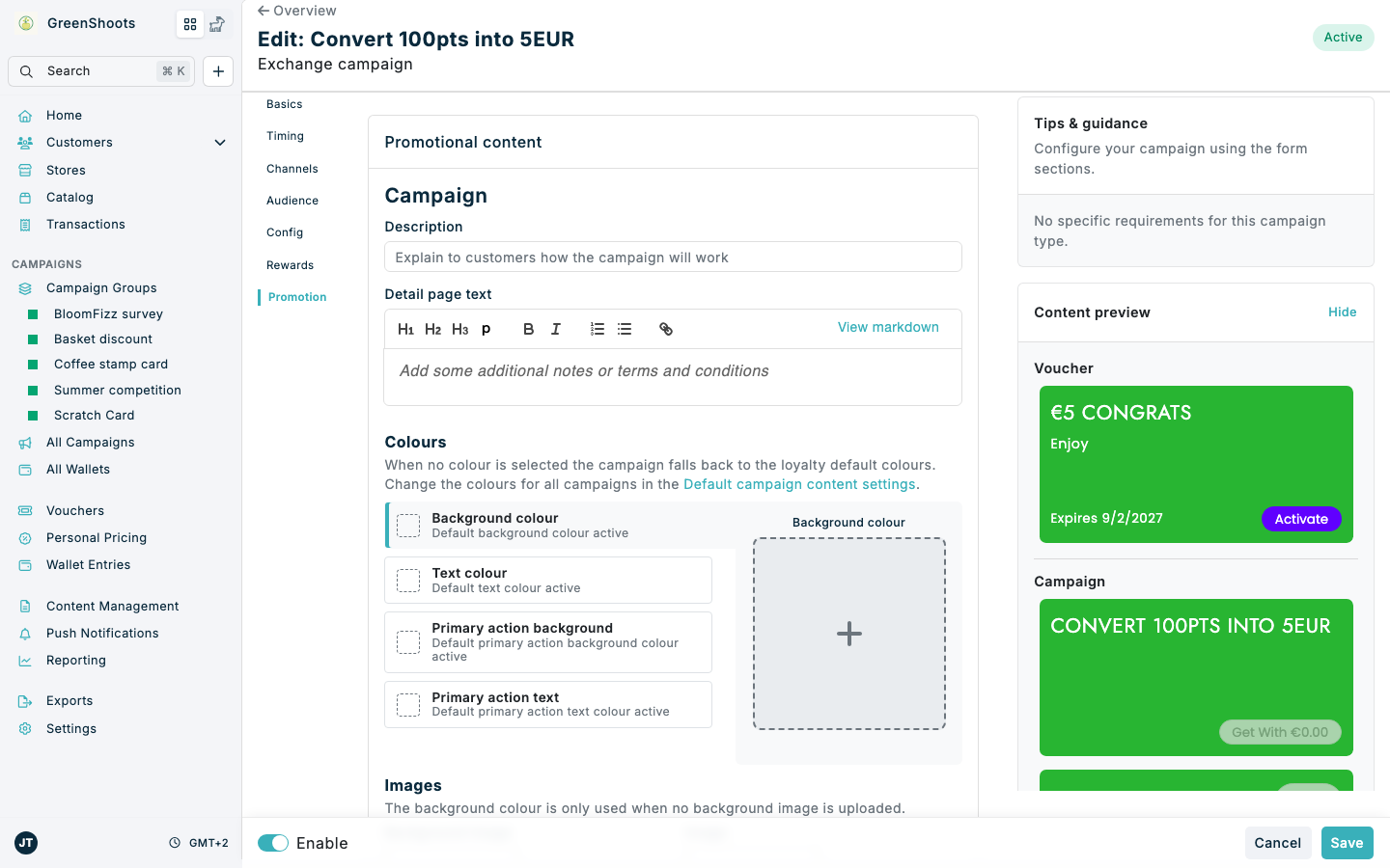 Promotional content section with the live Content preview in Spaaza Console
