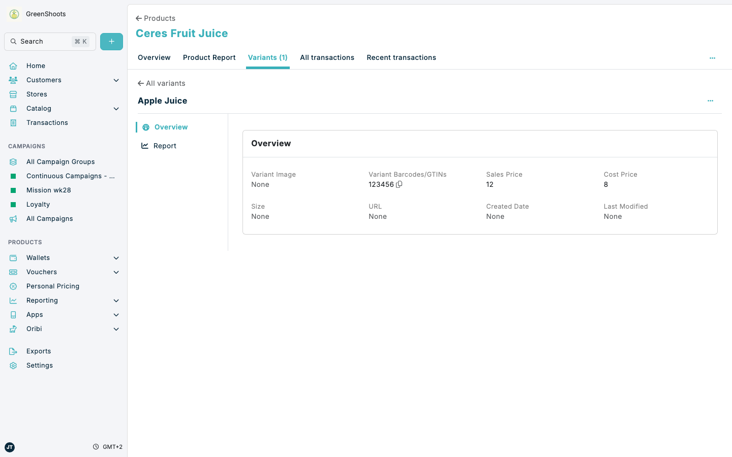 Variant overview in Spaaza Console Variant overview in Spaaza Console
