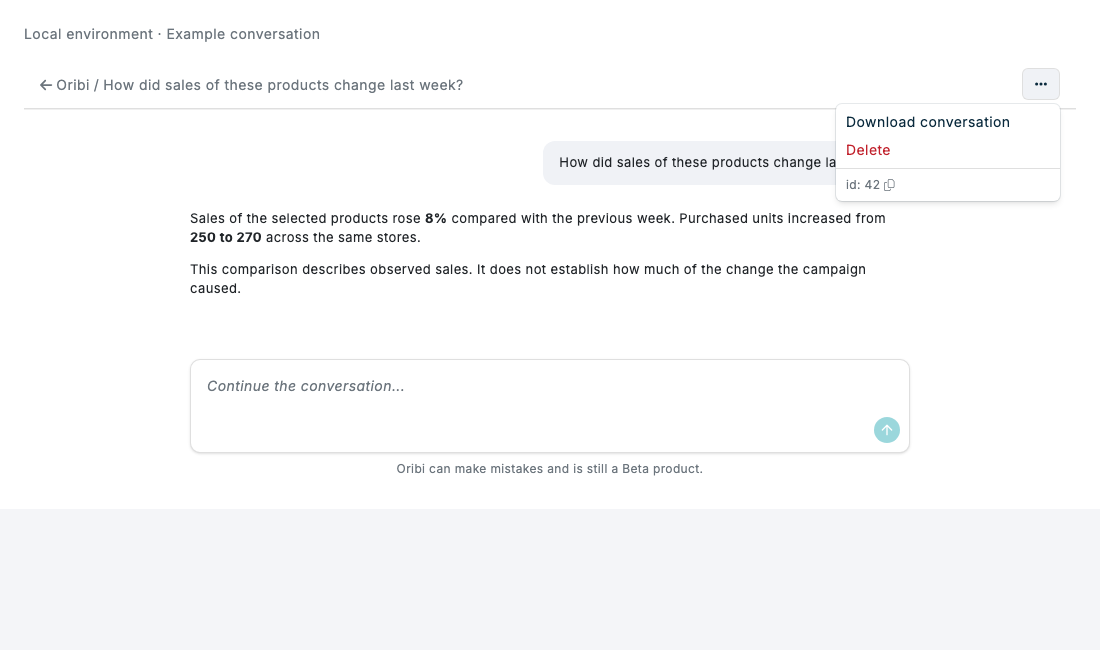 Download a conversation in the local environment Download conversation beside Delete in a local Oribi conversation