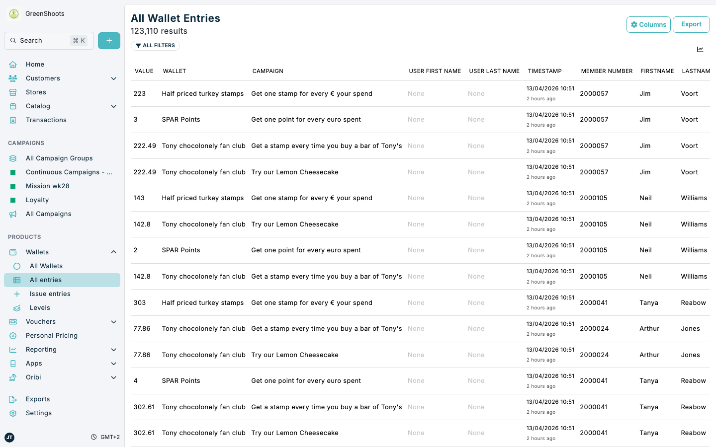 A wallet entry list ready for export in Spaaza Console A wallet entry list ready for export in Spaaza Console