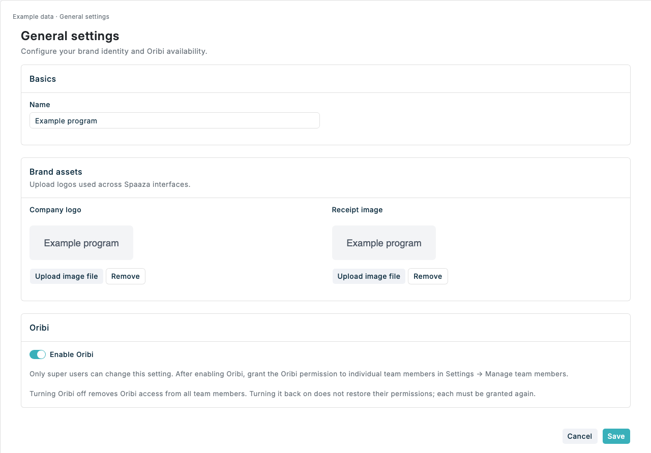 General settings — illustrative data General settings with Enable Oribi, using illustrative data