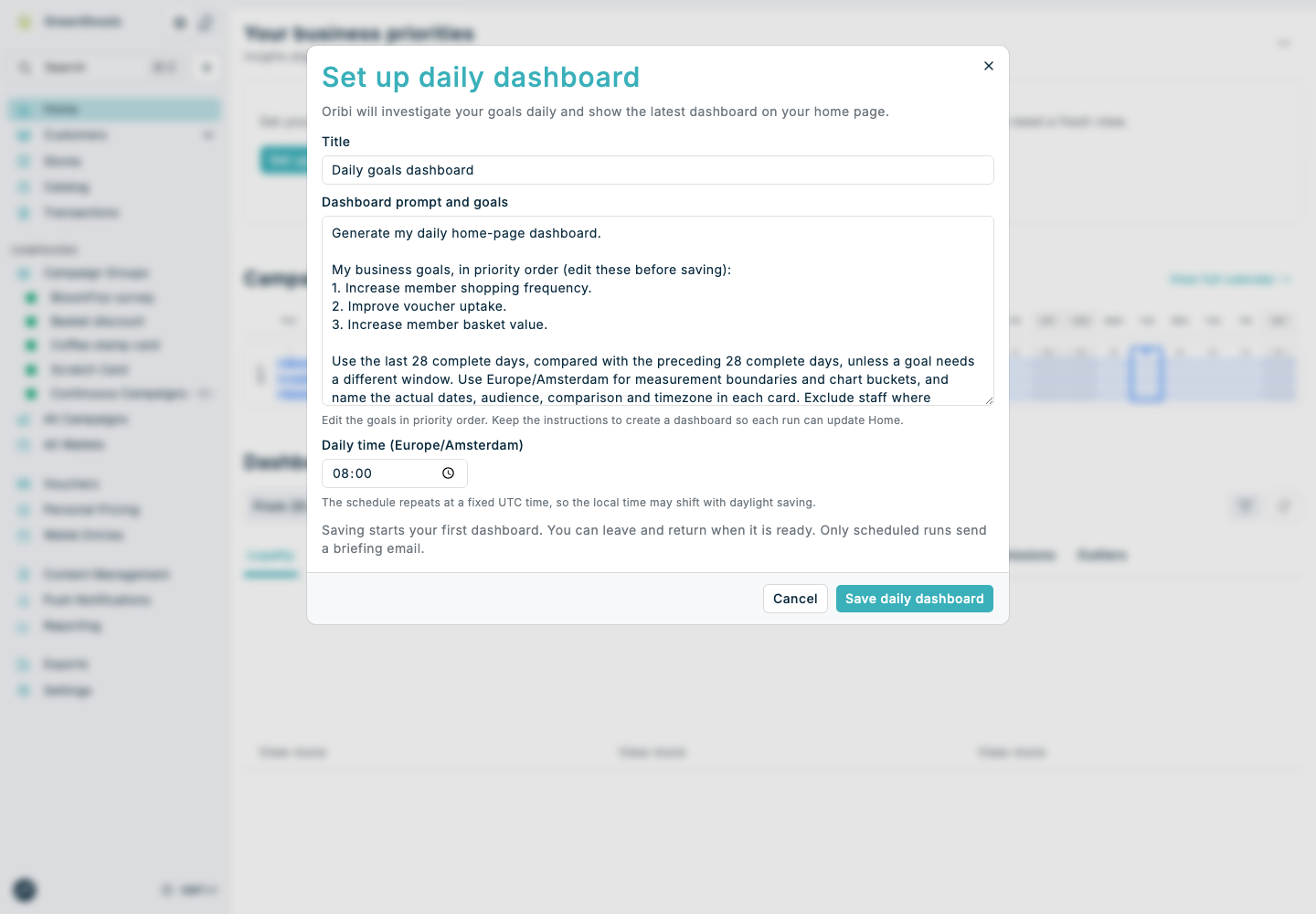 Daily dashboard setup — illustrative data Daily dashboard setup dialog over the Home page, with goals and a daily time