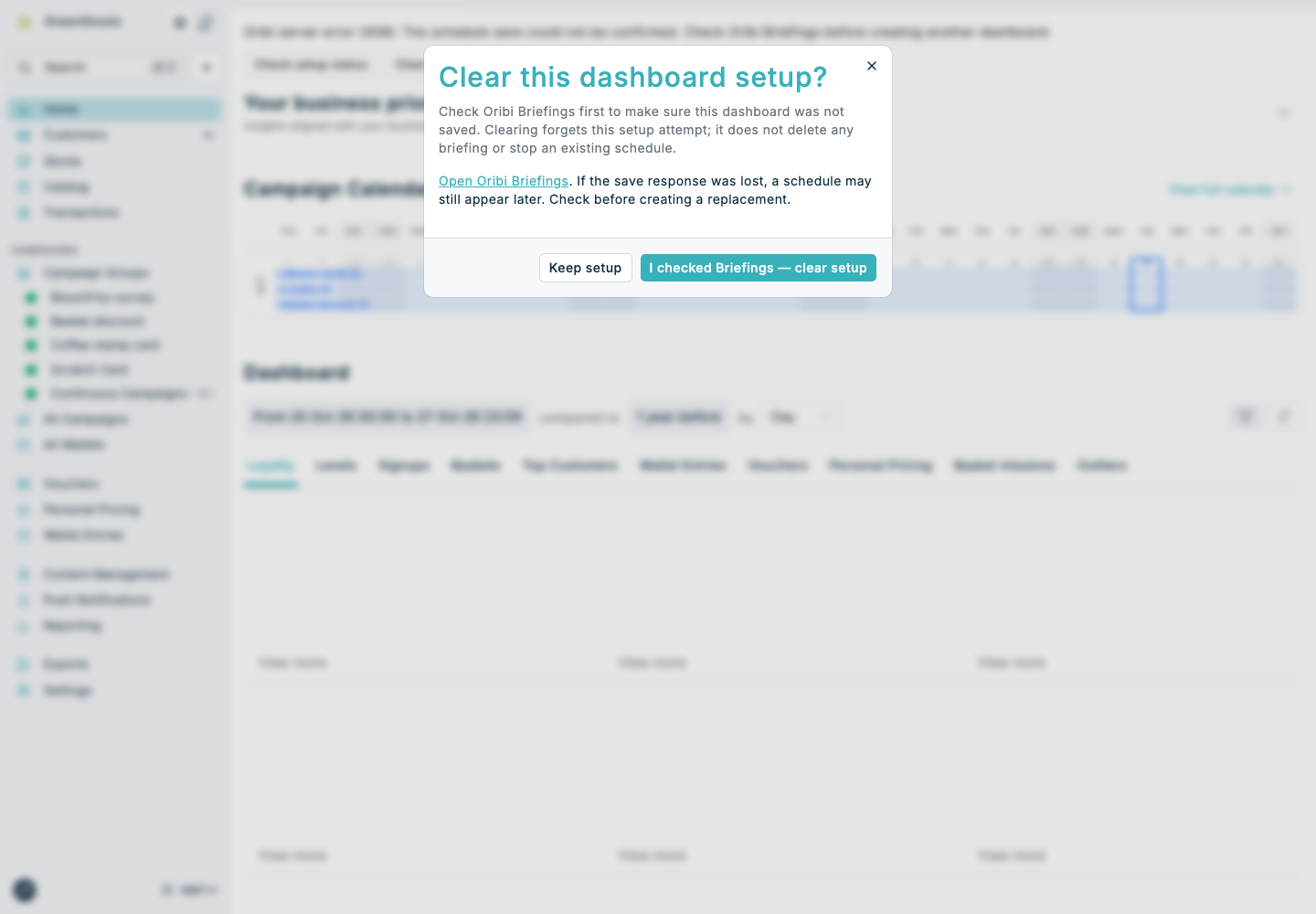 Clear dashboard setup — illustrative data Clear setup confirmation dialog over the Home page, with the warning and confirmation button