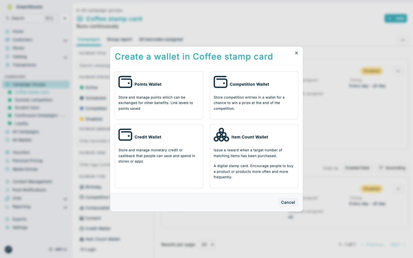 Selecting Item Count Wallet in Spaaza Console