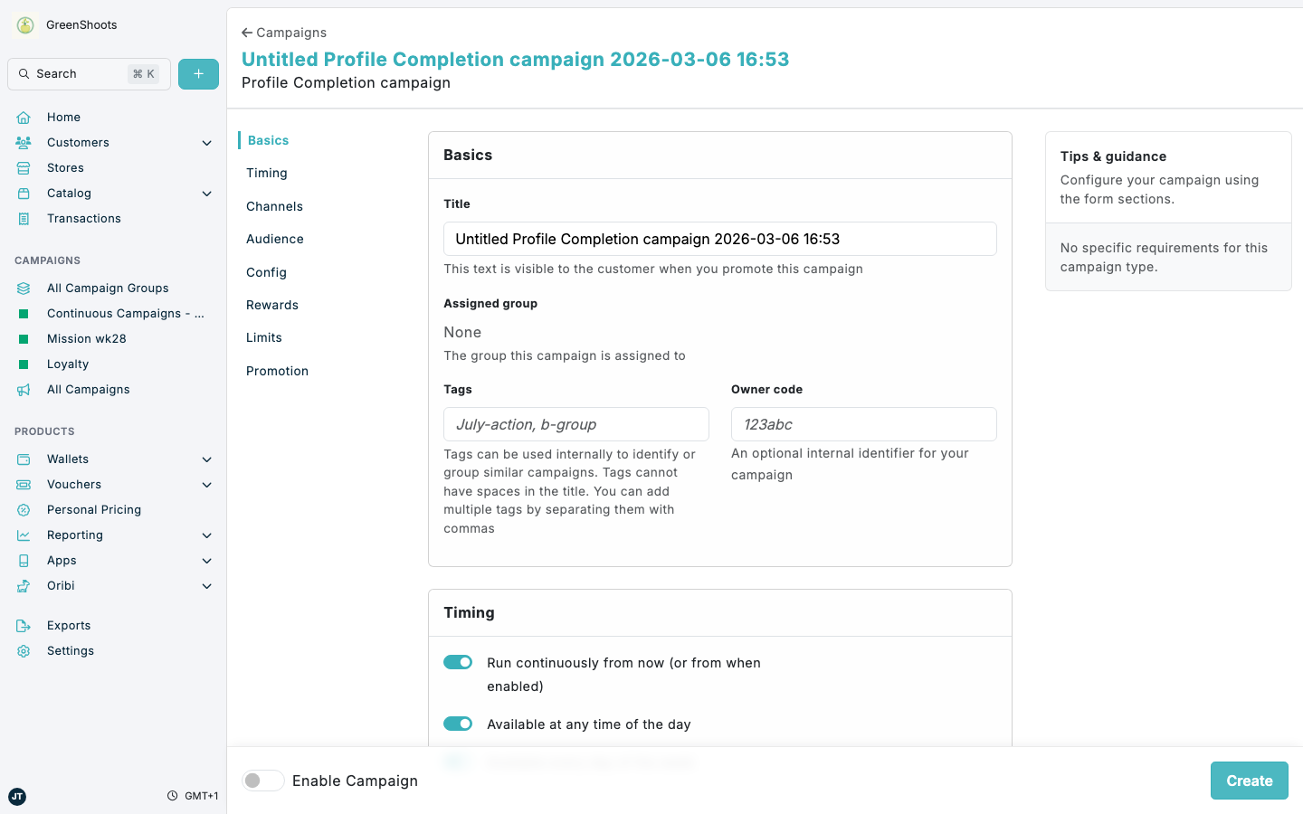 Profile Completion campaign setup for a shopper mission in Spaaza Console Profile Completion campaign setup for a shopper mission in Spaaza Console