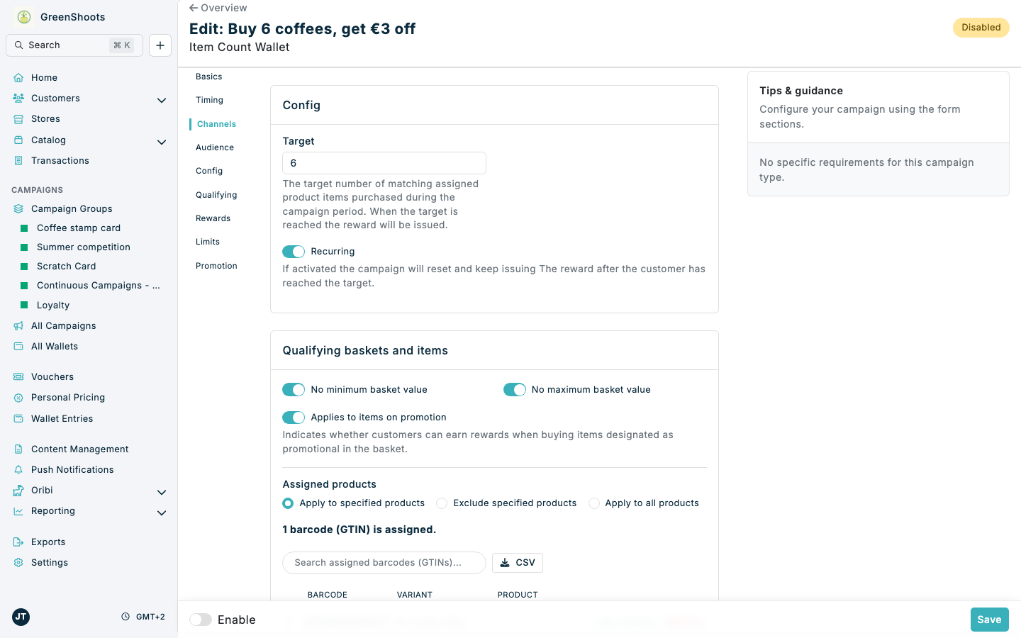 Configuring the stamp target and recurring behaviour