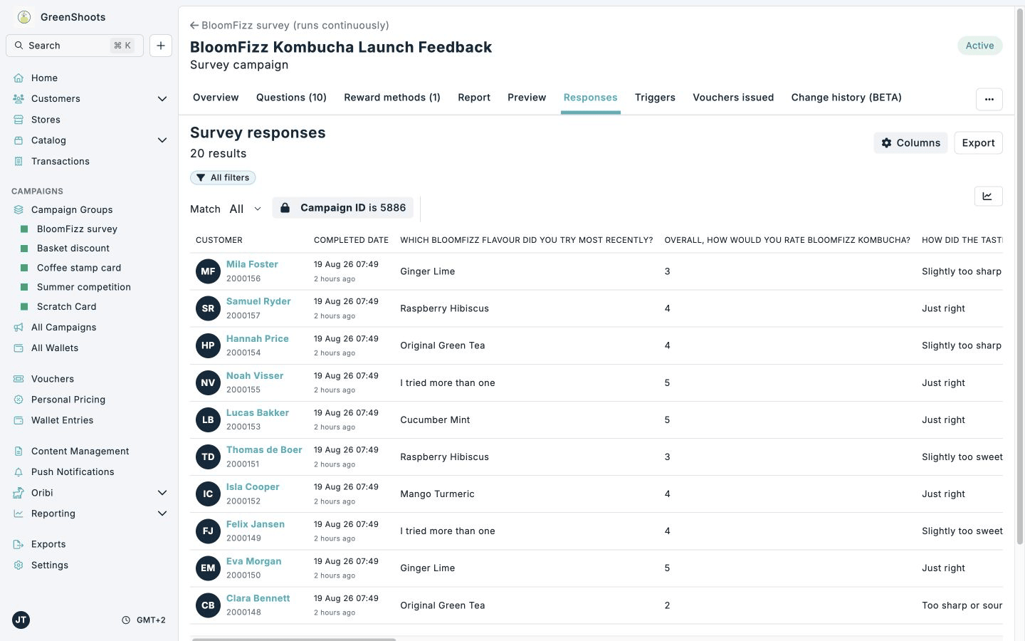 Survey responses with filters, configurable columns, and export action Survey responses with filters, configurable columns, and export action