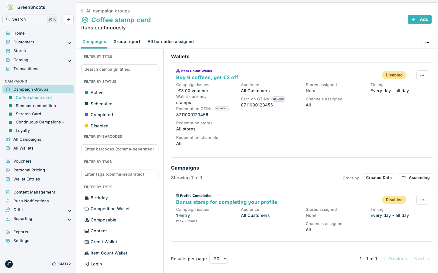 Coffee stamp card campaign group in Spaaza Console