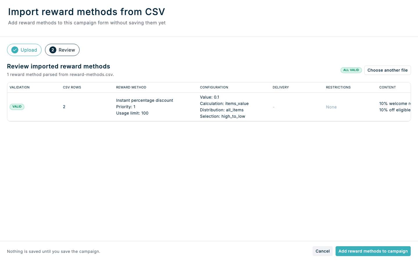 Reward method CSV review step in Spaaza Console