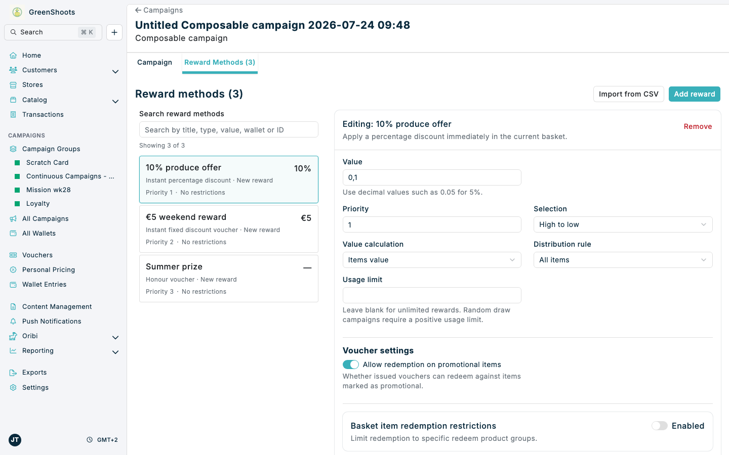 Composable campaign Reward Methods tab with summary cards and selected reward editor