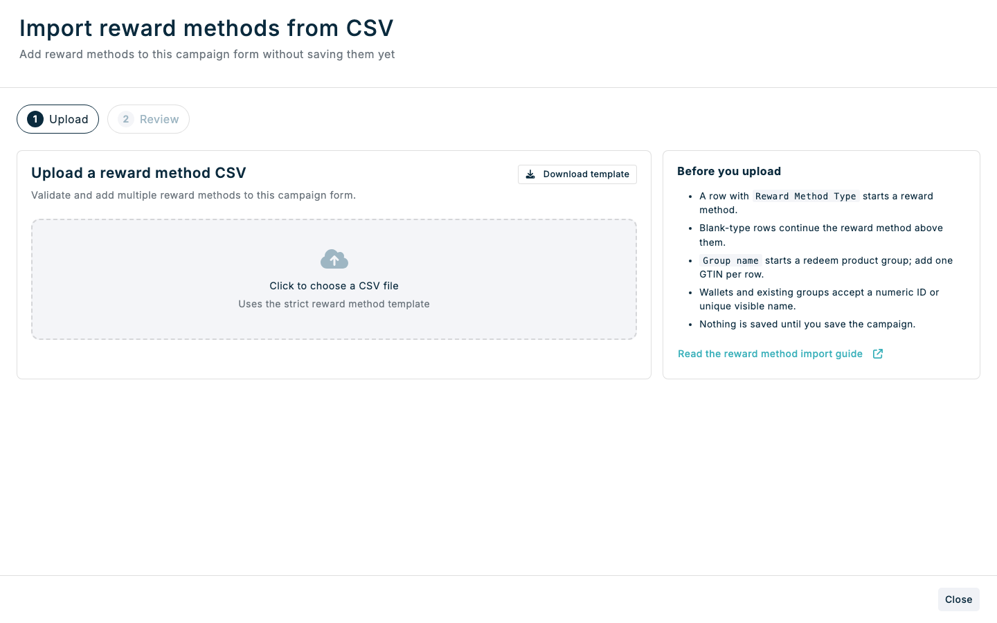 Reward method CSV upload step in Spaaza Console