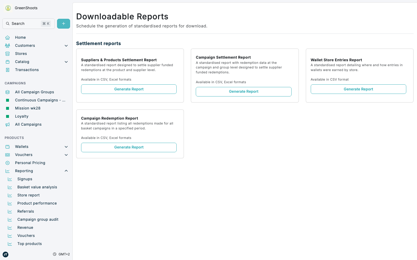 Downloadable Reports options in Spaaza Console