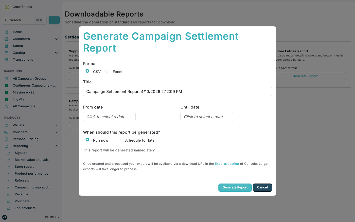 Generate Campaign Settlement Report dialog in Spaaza Console