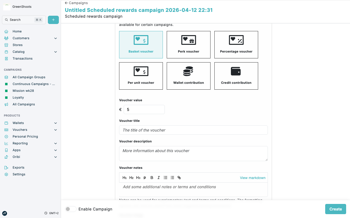 Configuring voucher rewards in a Scheduled rewards campaign in Spaaza Console Configuring voucher rewards in a Scheduled rewards campaign in Spaaza Console