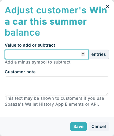Manually adding wallet entries in Spaaza Console