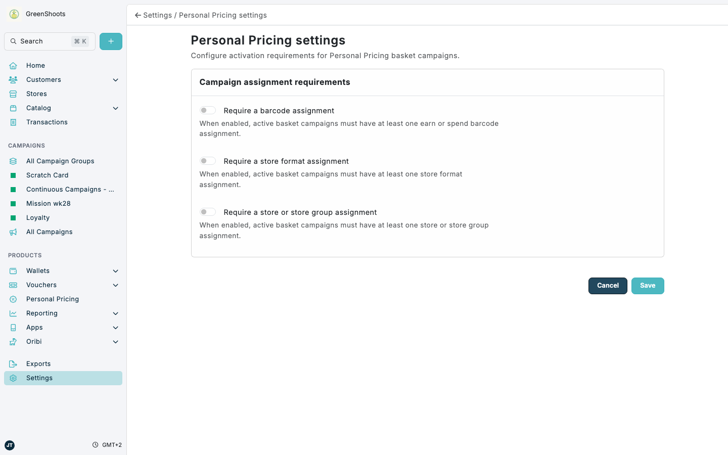 Personal Pricing settings in Spaaza Console Personal Pricing settings in Spaaza Console