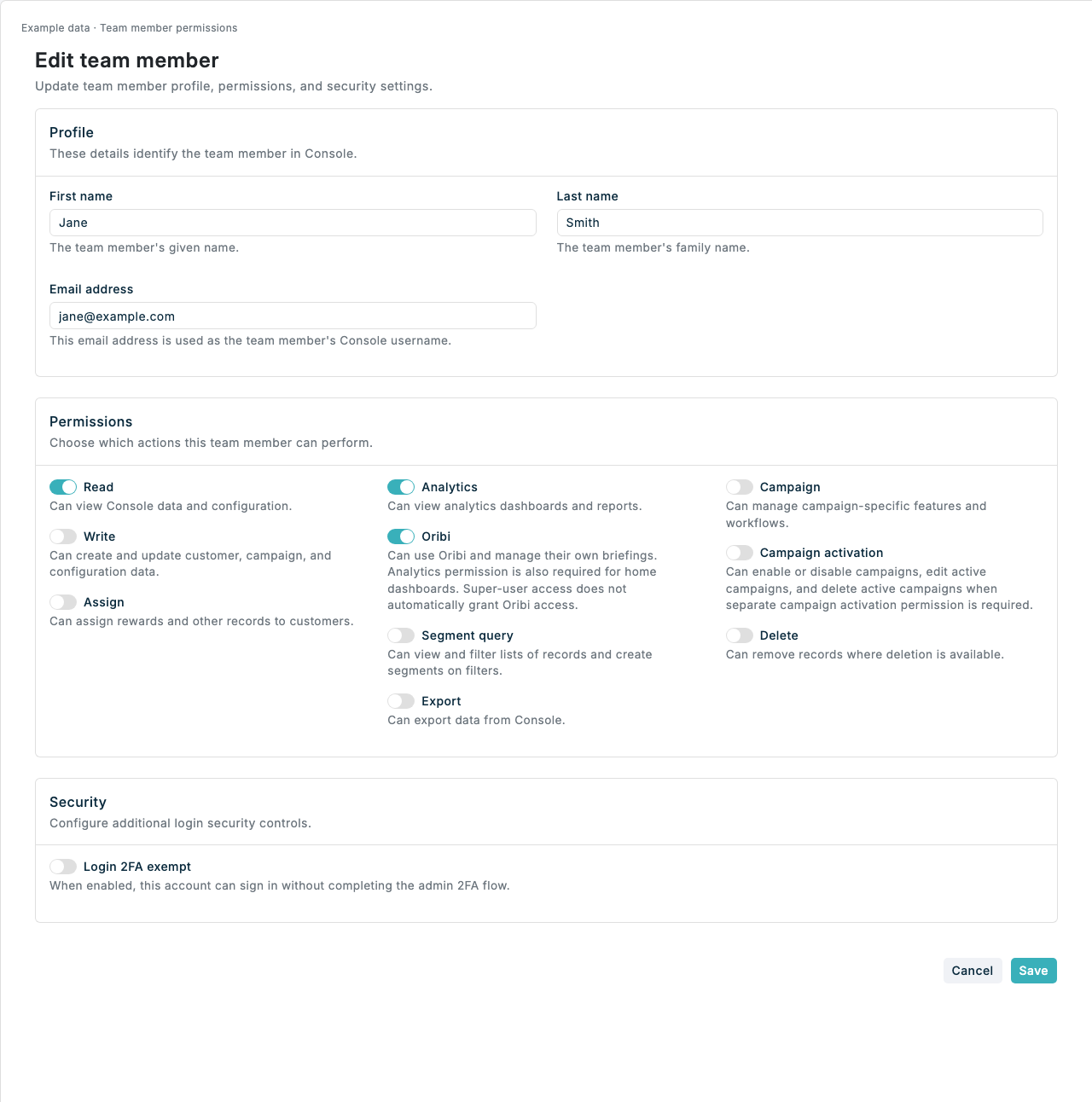 Team member permissions — illustrative data Team member permissions including Oribi, using illustrative data