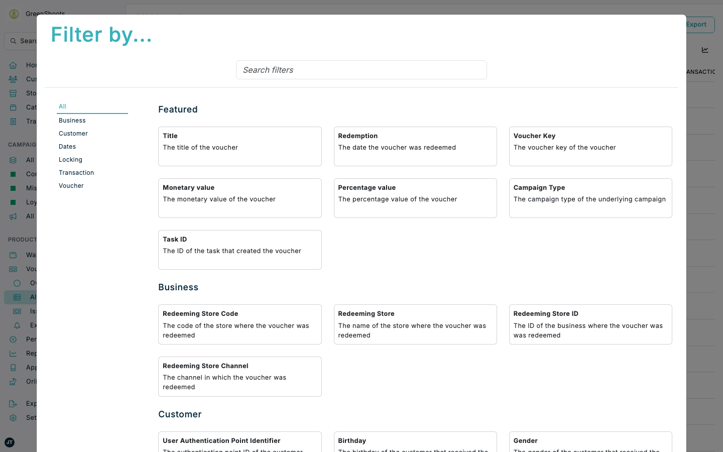 The voucher filter library in Spaaza Console